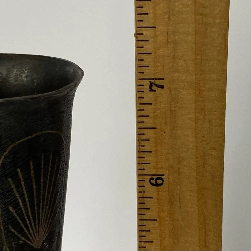 Vintage Brass Vase Etched India 7” Tall Metal Old Brown Bud Flower Engraved